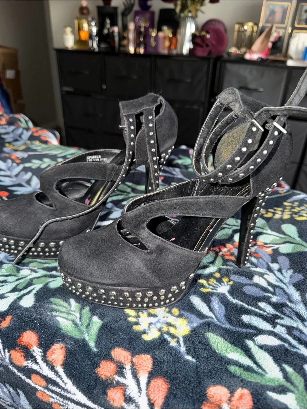Studded Black Suede Platform Heels with Ankle Straps